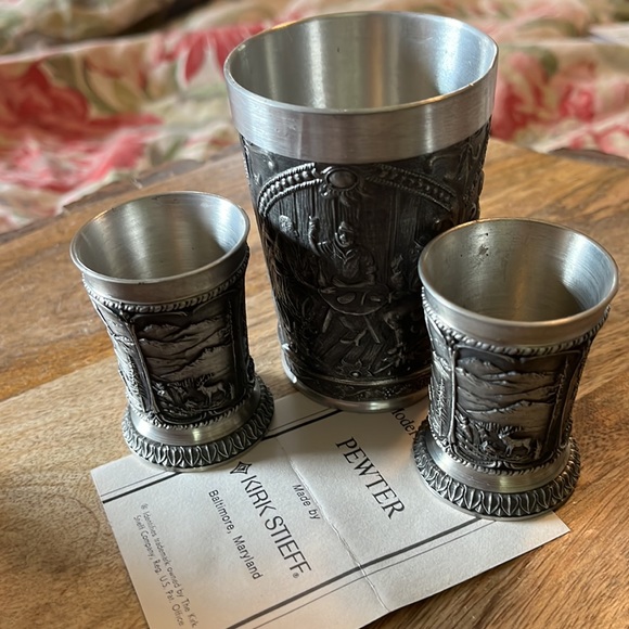 Vtg 70s KIRK STIEFF Pewter Cups German Scenes Shot Glasses & Cup 3-Piece Set Bar - Picture 5 of 16